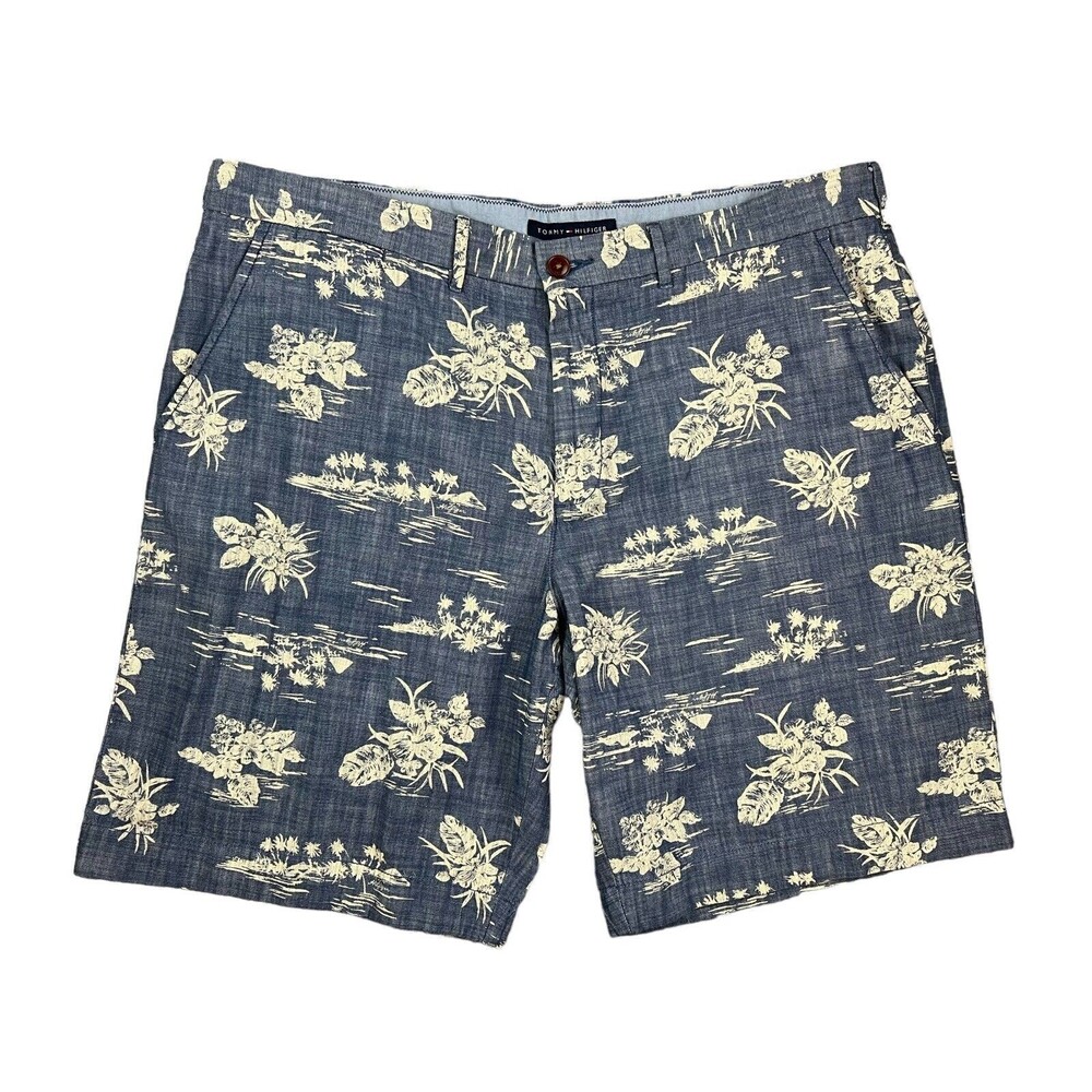 Tommy Hilfiger Men's Blue Chambray Aloha Classic Fit Shorts Size 40 Resortwear